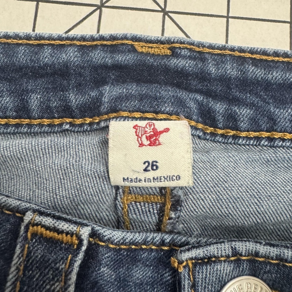 True Religion Shorts Womens 26 Blue Denim Cuffed Cut Off Logo Pockets Jean - Picture 2 of 3